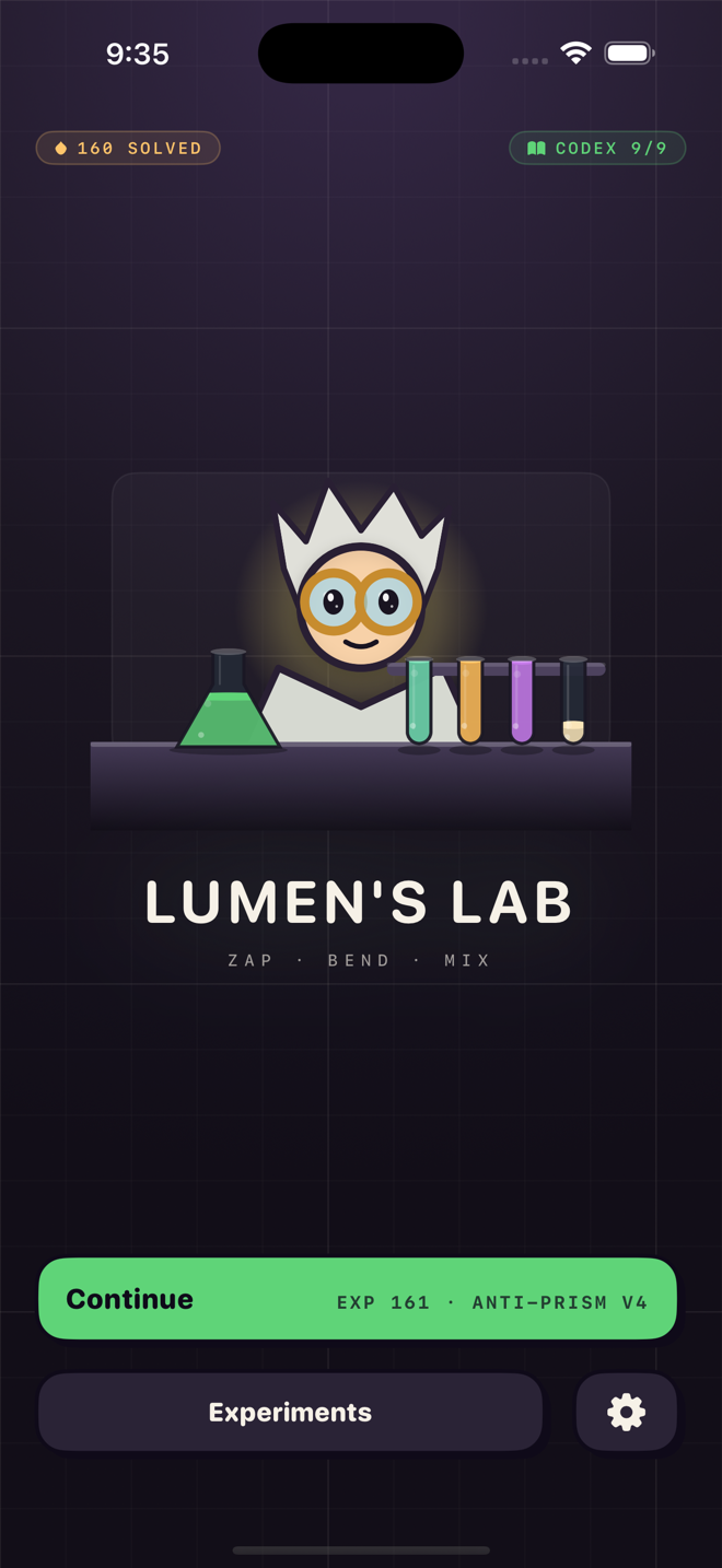 Lumen's Lab home screen: Doc Lumens at his glowing lab bench above the Continue button.