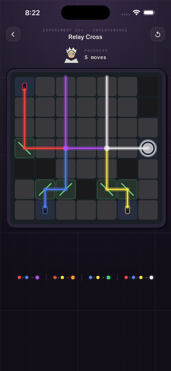 Beams crossing on the board and combining into new colors, with a red-plus-blue-makes-purple legend below.