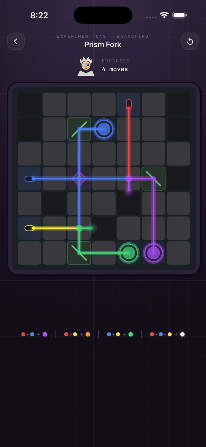A puzzle board where a splitter fans one beam into three branches routed to colored targets.